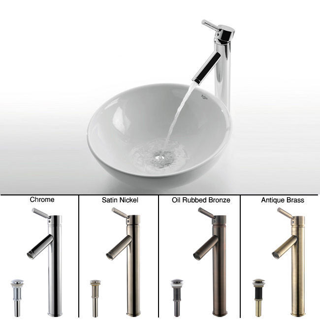 KRAUS Soft Round Ceramic Vessel Sink in White with Sheven Faucet - Satin Nickel