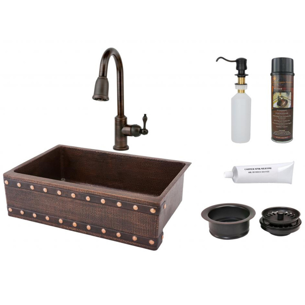 Premier Copper Products 33-Inch Single-Basin Hammered-Copper Sink with Pull-Down Faucet Package - KSP2_KASDB33229BS