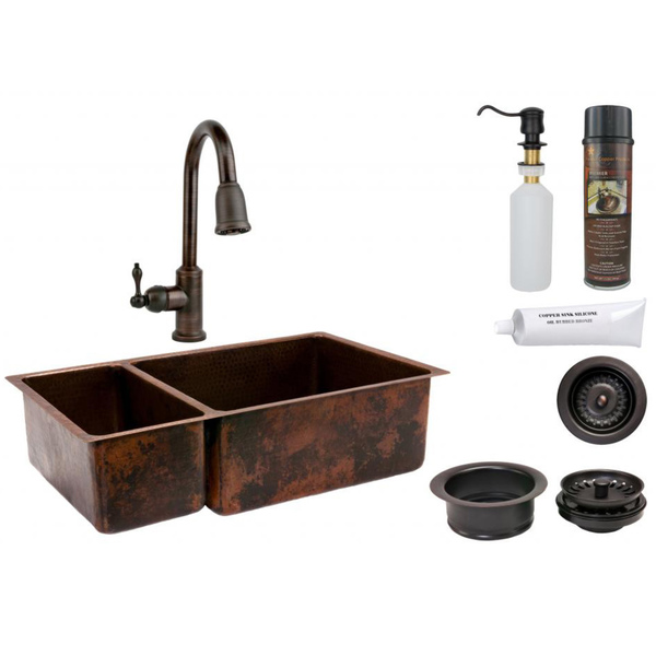Premier Copper Products 25/75 Double Basin Sink with Pull Down Faucet Package - KSP2_K25DB33199