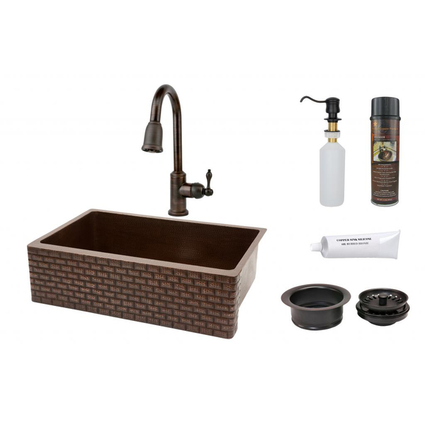Premier Copper Products 33-inch Tuscan Design Copper Hammered Single Basin Sink and Faucet Package - KSP2_KASDB33229B