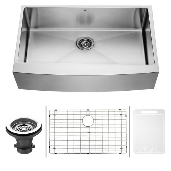 VIGO 36-inch Farmhouse Stainless Steel Kitchen Sink with Rounded Edge, Grid and Strainer