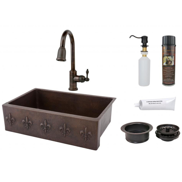 Premier Copper Products Fleur de Lis Basin Sink with Pull Down Faucet Package - KSP2_KASDB33229F