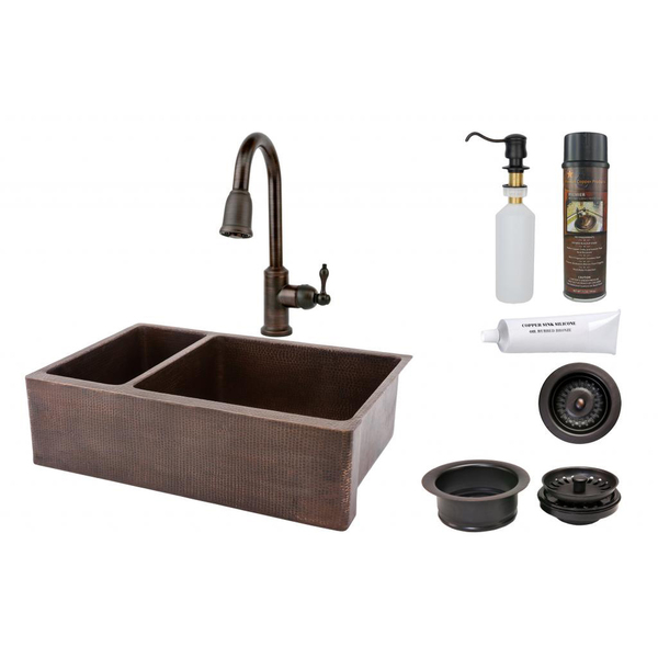 Premier Copper Products 33-inch Hammered Copper 25/75 Double Basin Sink and Faucet Package - KSP2_KA25DB33229
