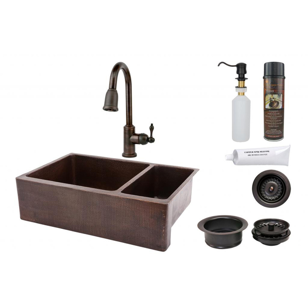 Premier Copper Products 33-inch Hammered Copper 75/25 Double Basin Sink and Faucet Package - KSP2_KA75DB33229