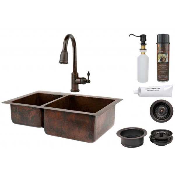 Premier Copper Products 40/60 Double Basin Sink with Pull Down Faucet Package - KSP2_K40DB33229