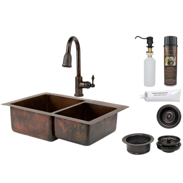 Premier Copper Products 60/40 Double Basin Sink and Pull Down Faucet Package - KSP2_K60DB33229