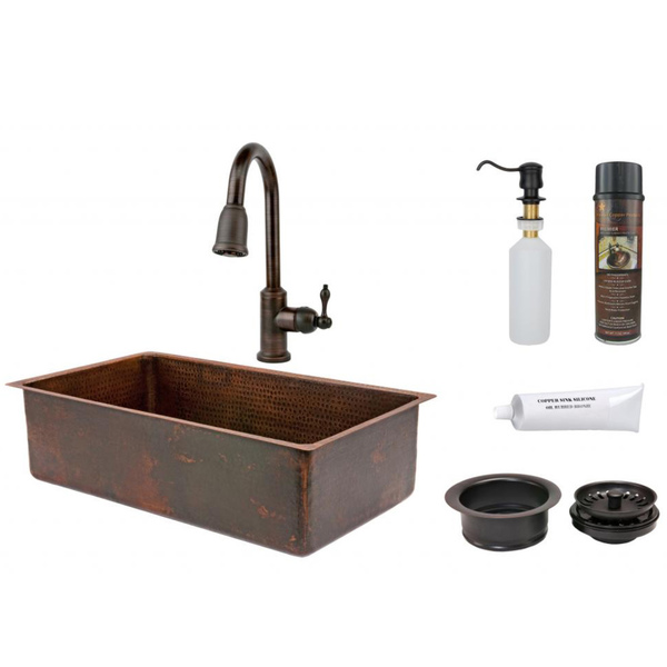 Premier Copper Products 33-inch Single Basin Sink with Pull Down Faucet Package - KSP2_KSDB33199
