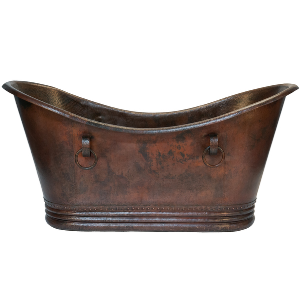 Premier Copper Products 72-inch Hammered Copper Double Slipper Bathtub With Rings - Oil Rubbed Bronze