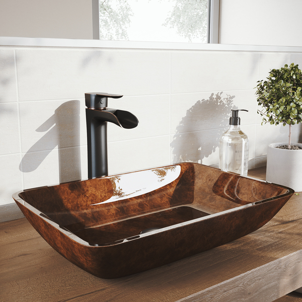 VIGO 18 in. Rectangular Russet Glass Vessel Bathroom Sink Set With Niko Vessel Faucet in Antique Rubbed Bronze - Rectangular Russet Glass Vessel Bathroom Sink