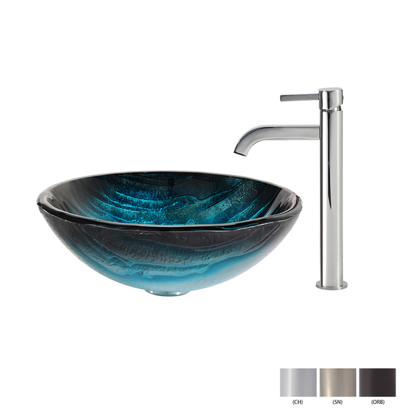 KRAUS Ladon Glass Vessel Sink in Blue with Ramus Faucet
