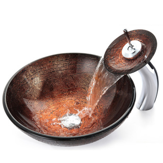 KRAUS Illusion Glass Vessel Sink in Brown with Single Hole Single-Handle Waterfall Faucet