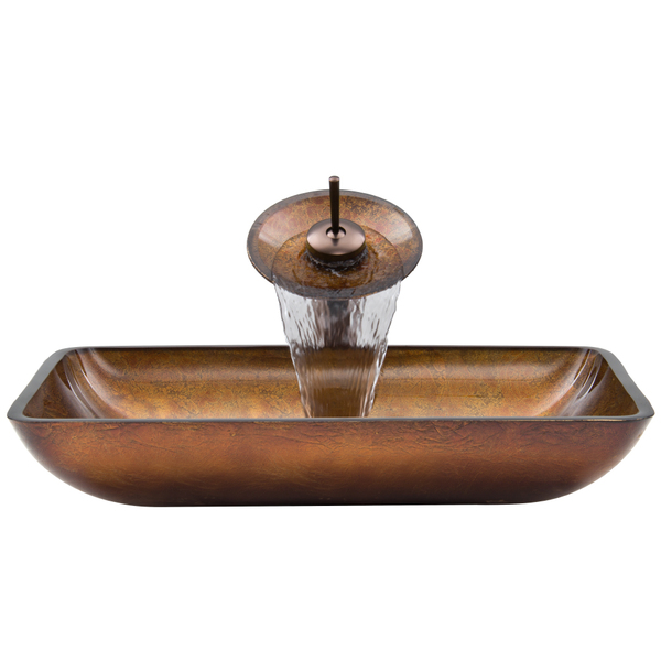 VIGO Rectangular Russet Glass Vessel Sink and Waterfall Faucet Set in Oil Rubbed Bronze